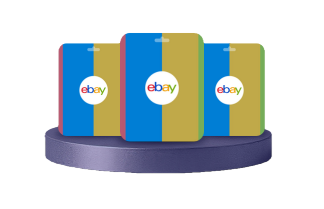 Three eBay gift cards with blue and gold stripes on a purple platform